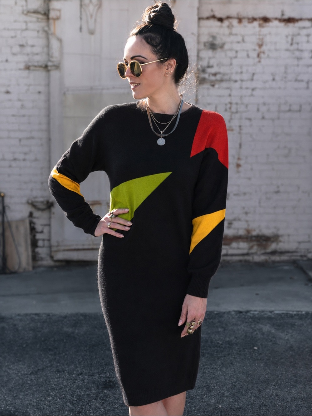 🇨🇦VTG 1980s Spanner Knit Colorblock Cocoon Dress Asymmetric Geometric Neon 80s